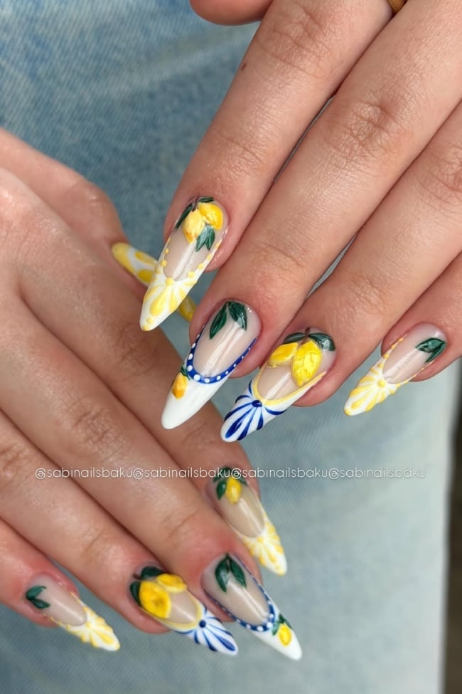 Long Stiletto Lemon Flower French Tip Long Stiletto Lemon Flower French Tip — Stiletto Nails
