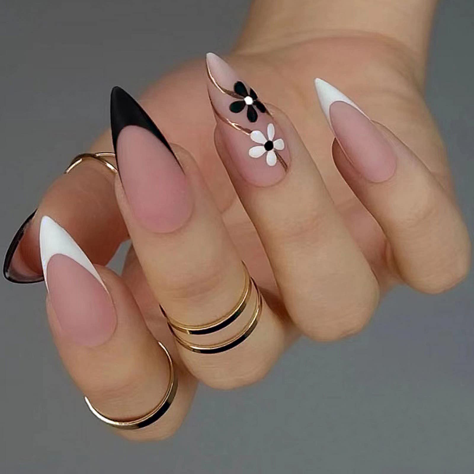 Long Stiletto Matte Nude Black White French Flower Long Stiletto Matte Nude Black White French Flower — Stiletto Nails