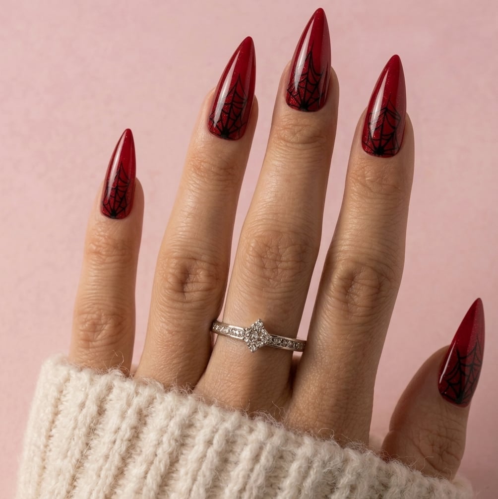 Long Stiletto Red Black Spiderweb Nails Long Stiletto Red Black Spiderweb Nails — Stiletto Nails