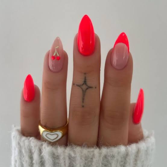 Medium Stiletto Neon Pink Cherry Art Medium Stiletto Neon Pink Cherry Art — Stiletto Nails