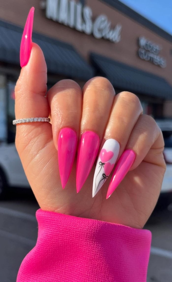 Long Stiletto Hot Pink Heart Bow Nails Long Stiletto Hot Pink Heart Bow Nails — Stiletto Nails