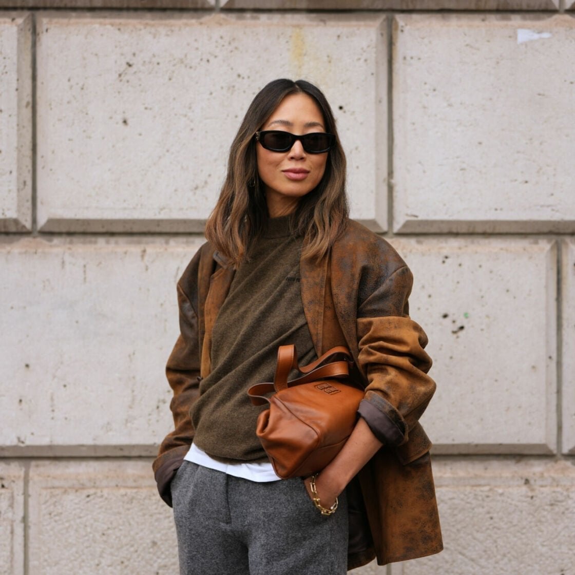 Textured brown jacket over olive sweater Textured brown jacket over olive sweater — Street Style Outfits