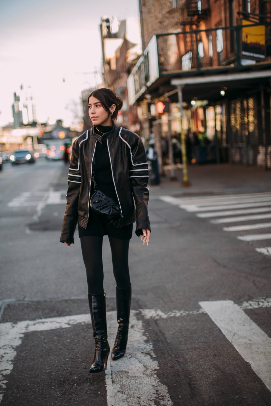 Black leather moto jacket with mini dress Black leather moto jacket with mini dress — Street Style Outfits