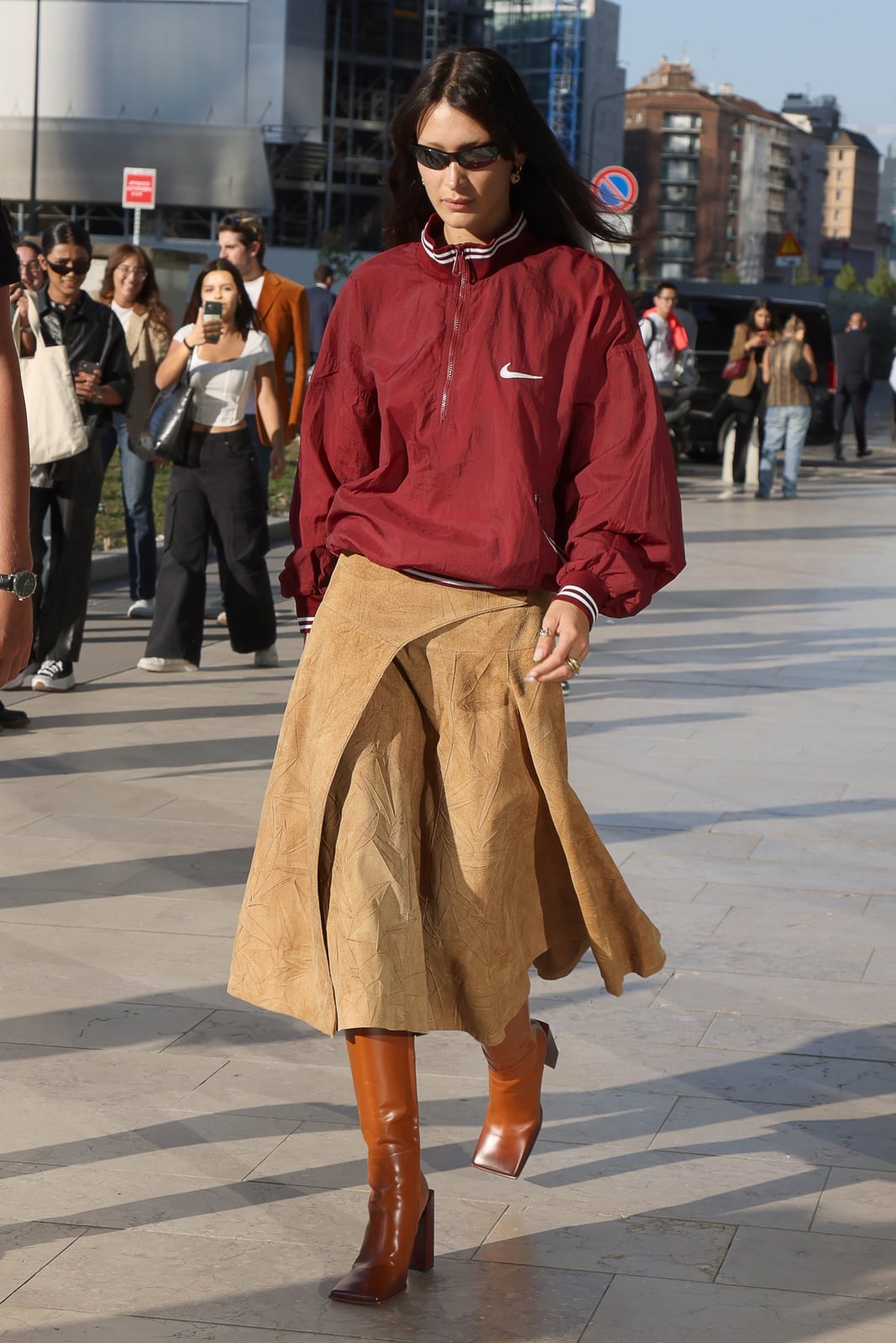 Burgundy jacket with tan suede wrap skirt Burgundy jacket with tan suede wrap skirt — Street Style Outfits