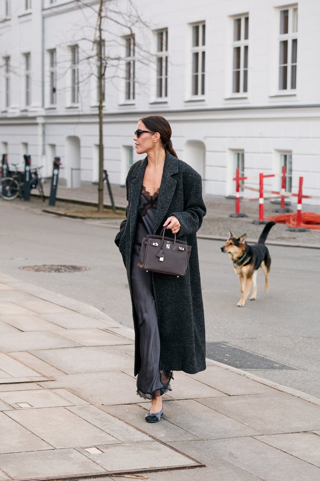 Charcoal coat over gray satin slip dress Charcoal coat over gray satin slip dress — Street Style Outfits