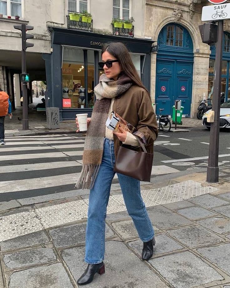Brown jacket with jeans and textured scarf Brown jacket with jeans and textured scarf — Street Style Outfits