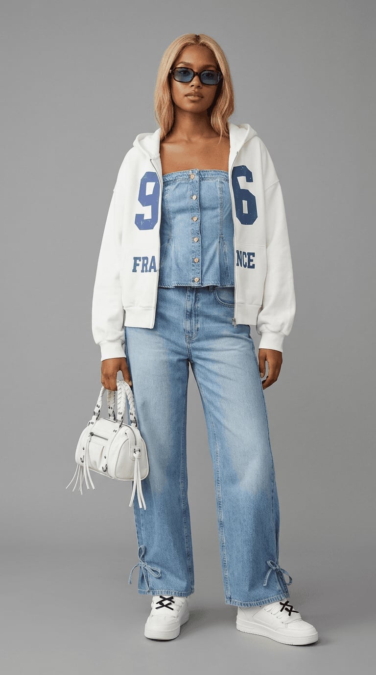 Zip-Up Hoodie Over Denim Bustier Zip-Up Hoodie Over Denim Bustier — Streetwear Outfits