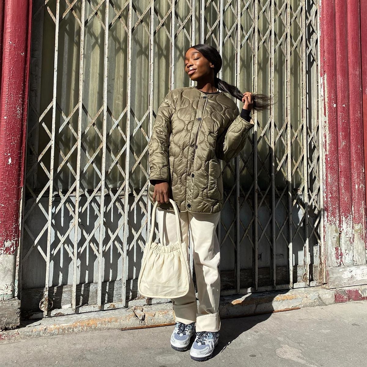 Olive Green Quilted Jacket With Wide-Leg Trousers Olive Green Quilted Jacket With Wide-Leg Trousers — Streetwear Outfits
