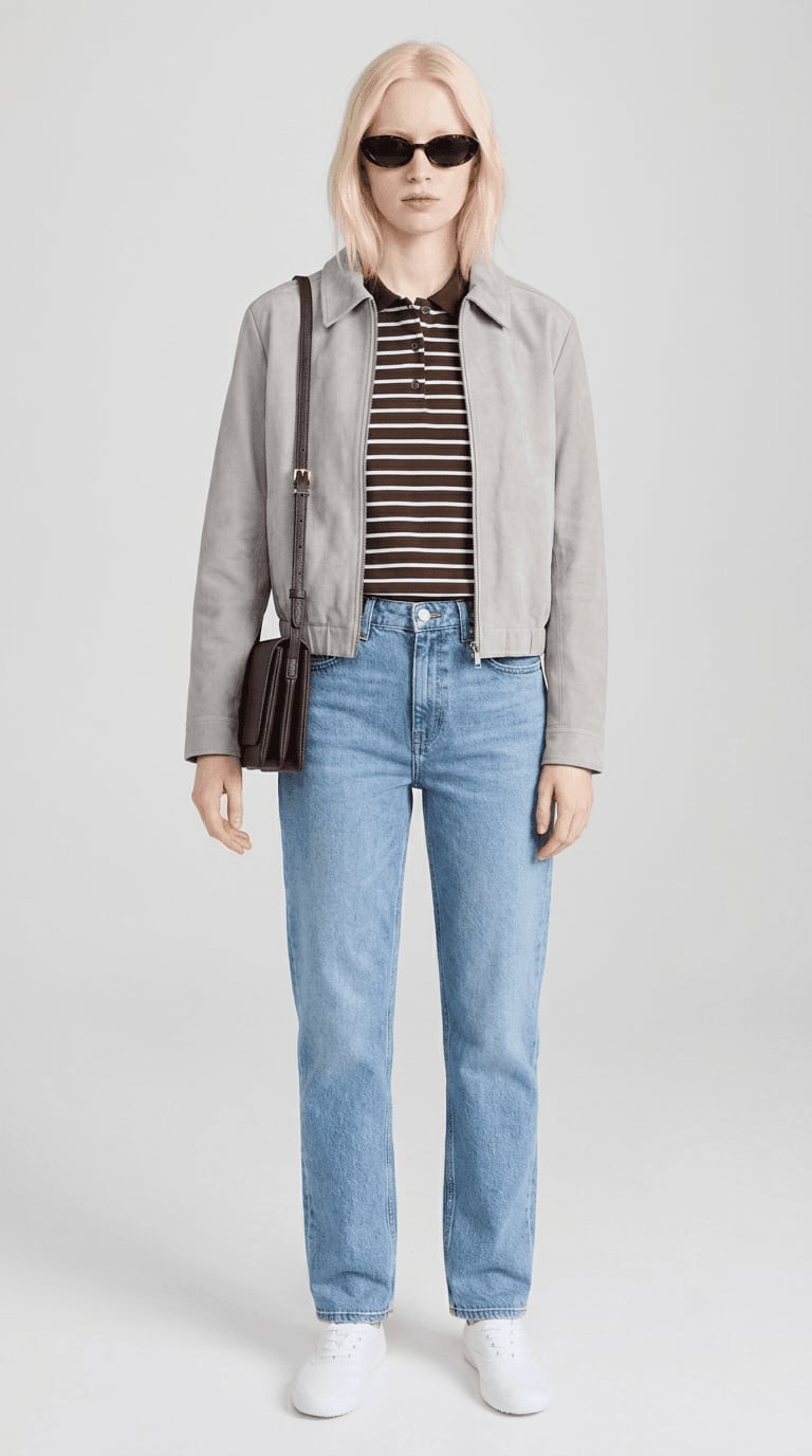 Gray Suede Bomber Jacket With Striped Polo Gray Suede Bomber Jacket With Striped Polo — Streetwear Outfits