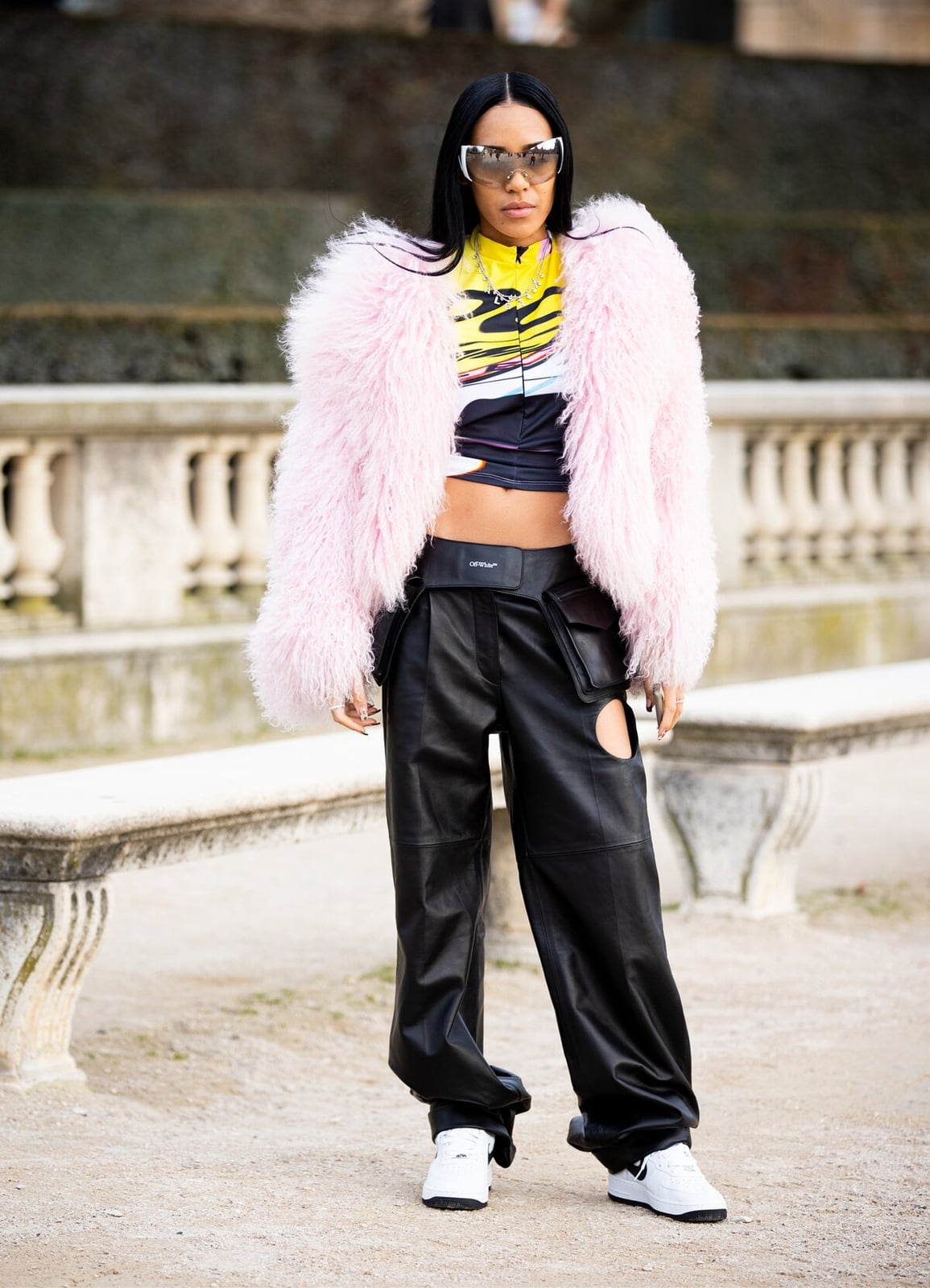 Pink Fluffy Jacket With Leather Pants Pink Fluffy Jacket With Leather Pants — Streetwear Outfits