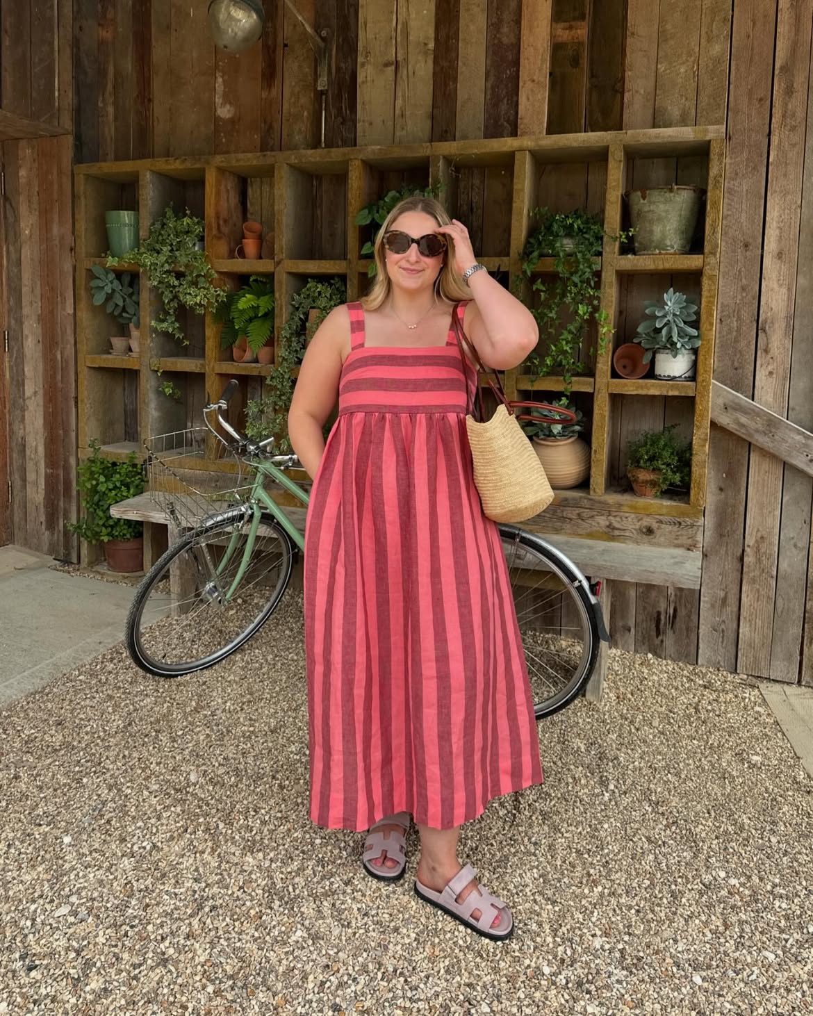Striped Linen Midi Dress With Straw Tote Bag