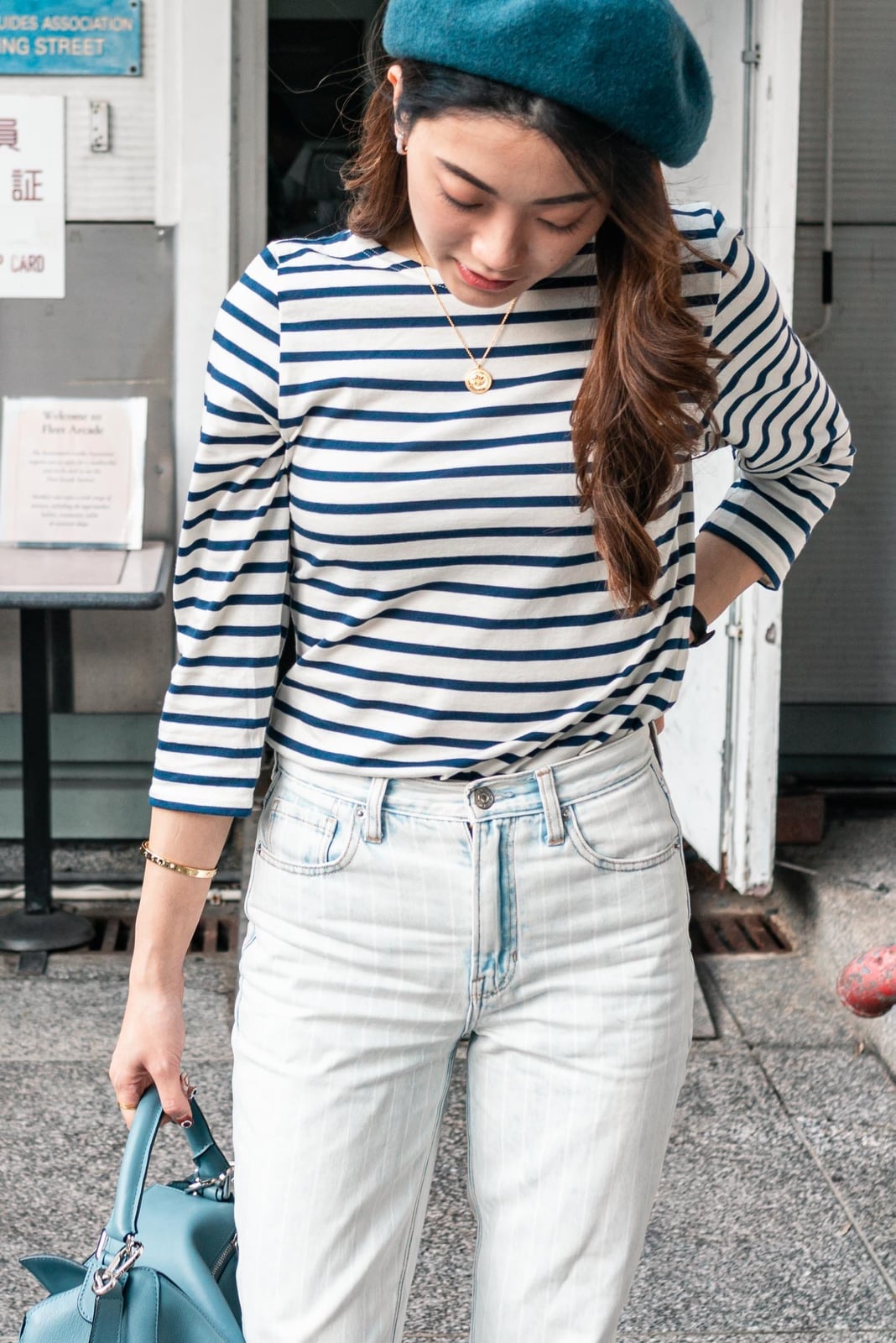 Three-quarter sleeve striped top with denim Three-quarter sleeve striped top with denim — Striped Top Outfit