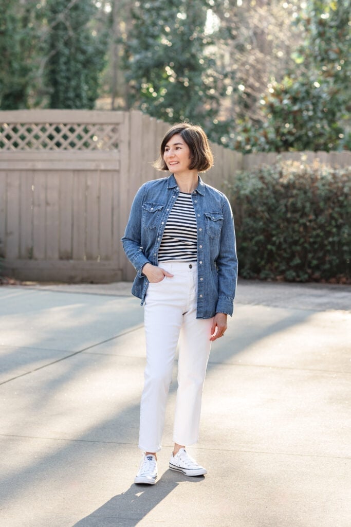 Striped tee layered under denim shirt Striped tee layered under denim shirt — Striped Top Outfit