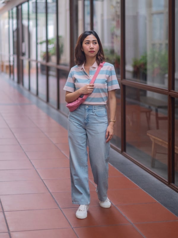 Pink striped polo with baggy jeans Pink striped polo with baggy jeans — Striped Top Outfit