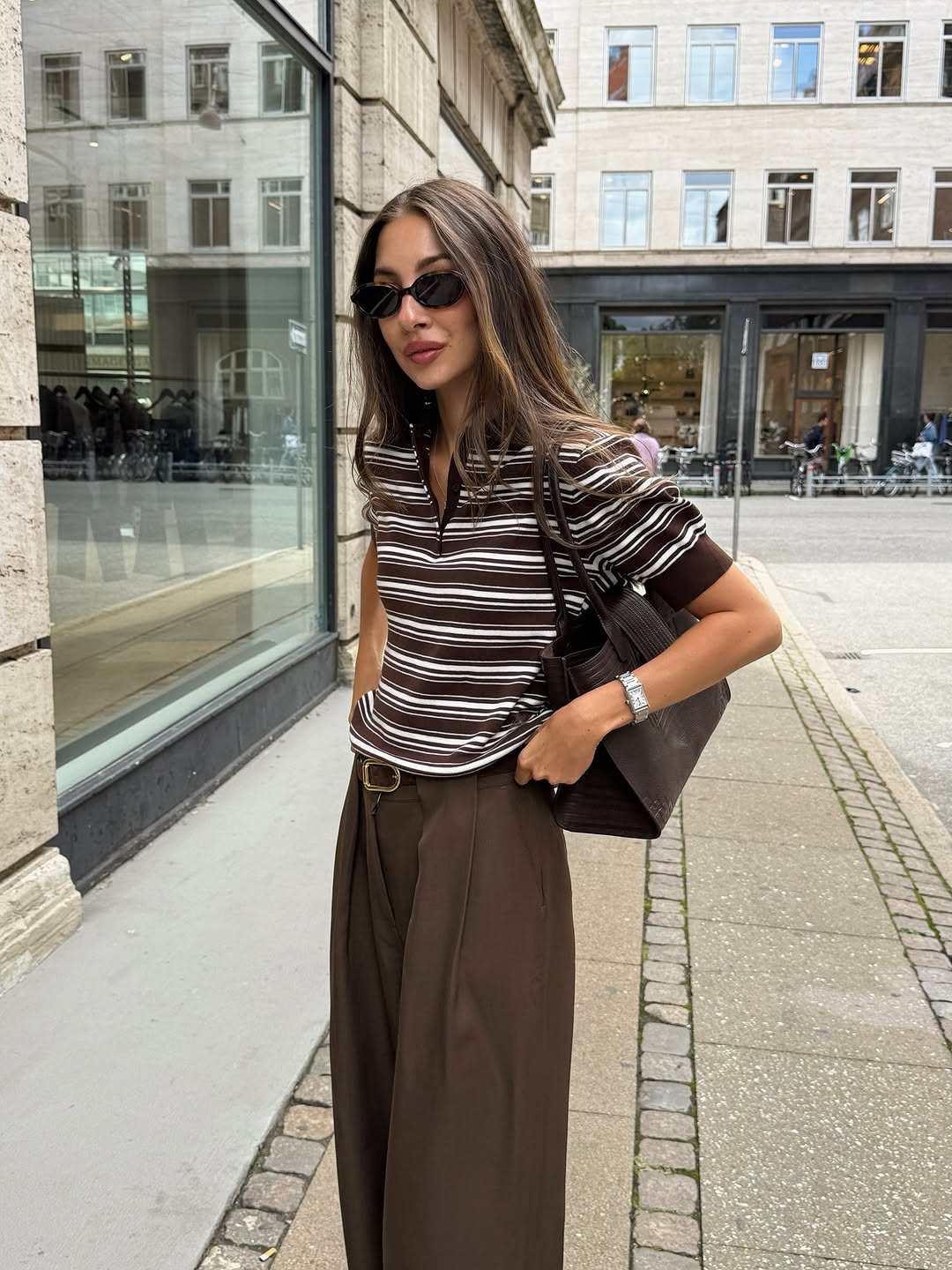 Brown and white striped polo with neutral trousers Brown and white striped polo with neutral trousers — Striped Top Outfit