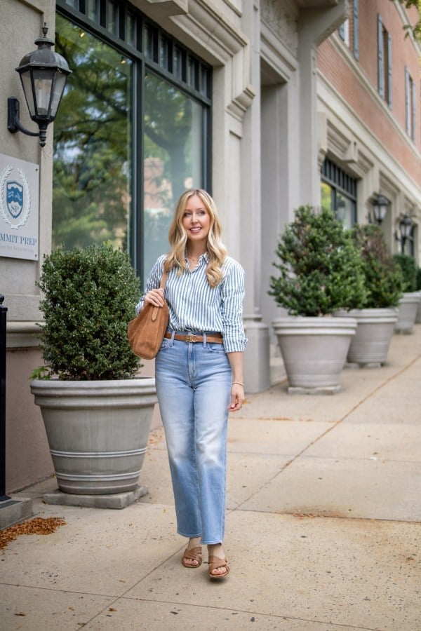 Striped shirt with tan wide leg jeans Striped shirt with tan wide leg jeans — Striped Top Outfit