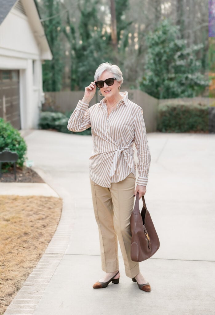 Tie-waist striped shirt with tan trousers Tie-waist striped shirt with tan trousers — Striped Top Outfit