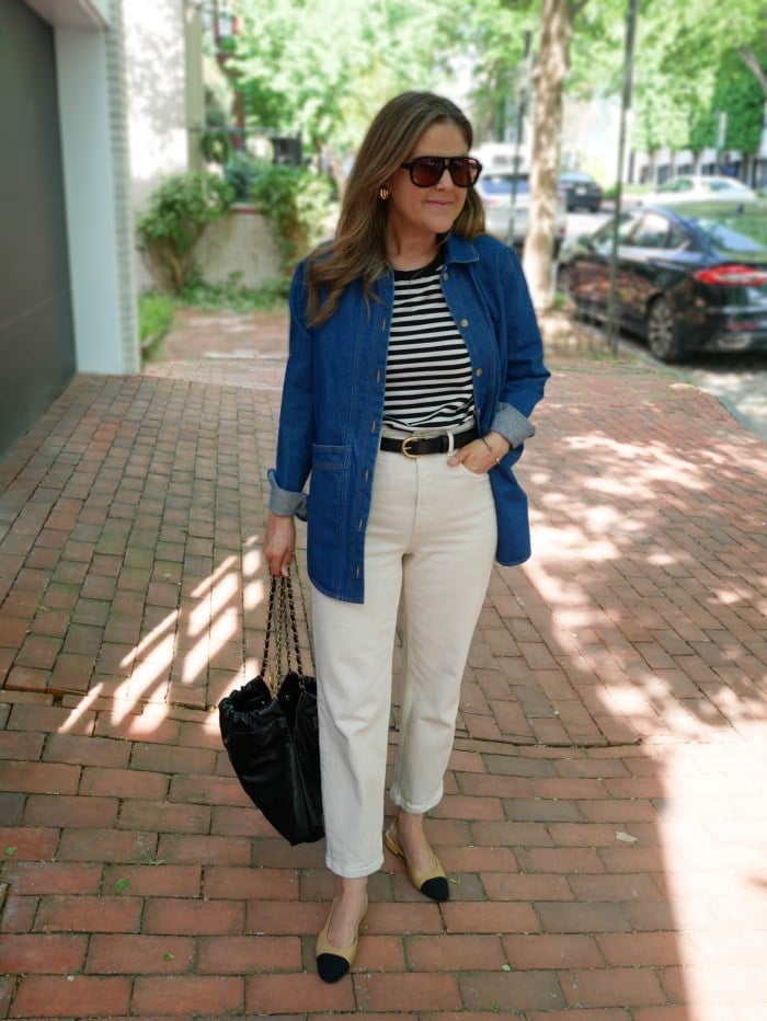 Striped tee under oversized denim jacket Striped tee under oversized denim jacket — Striped Top Outfit