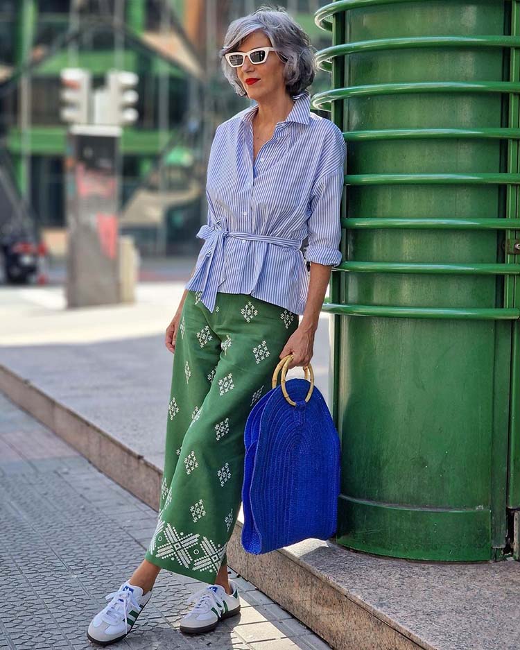Cinched waist striped shirt with patterned trousers Cinched waist striped shirt with patterned trousers — Striped Top Outfit