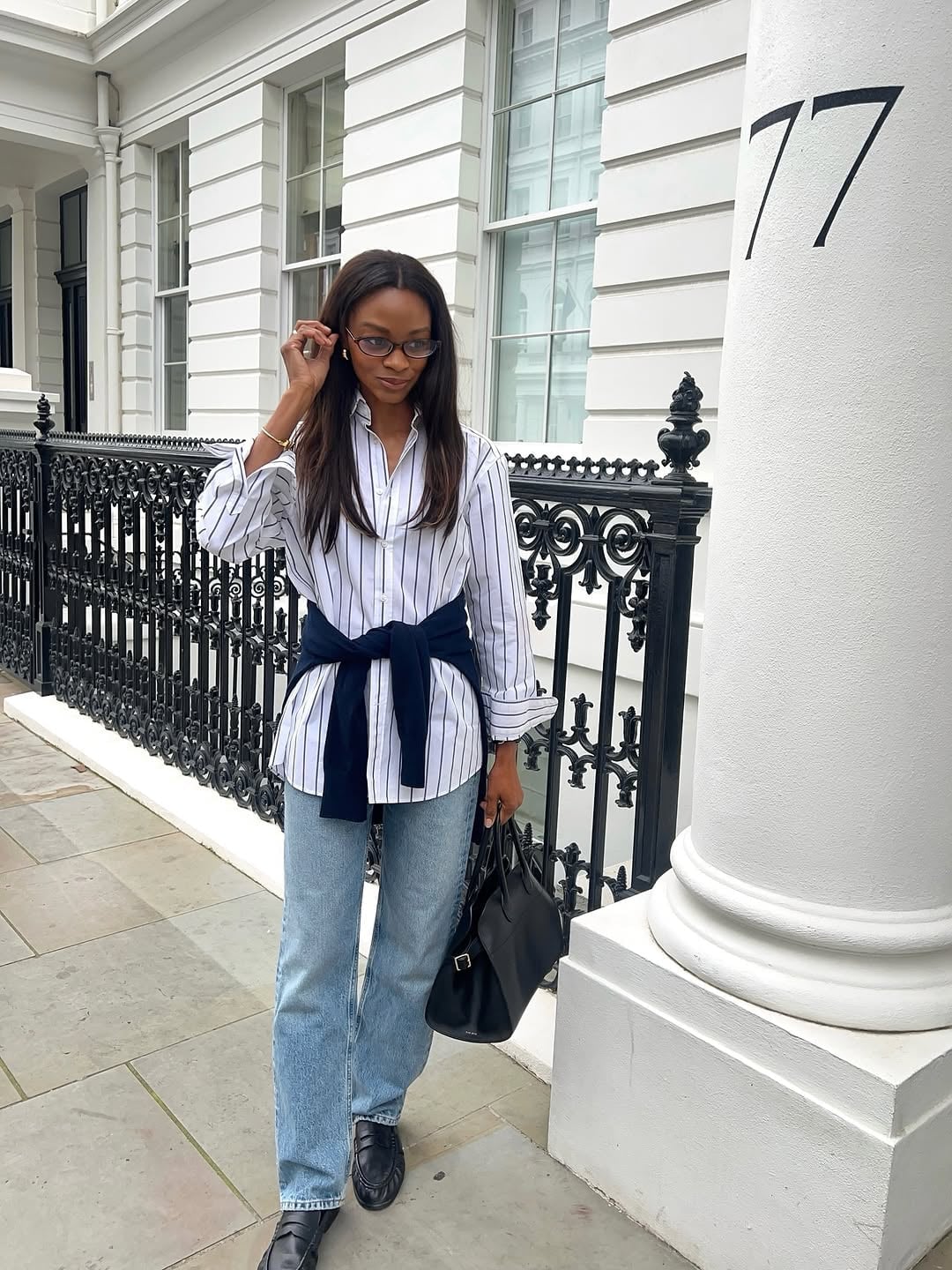 Oversized striped shirt with sweater tie Oversized striped shirt with sweater tie — Striped Top Outfit