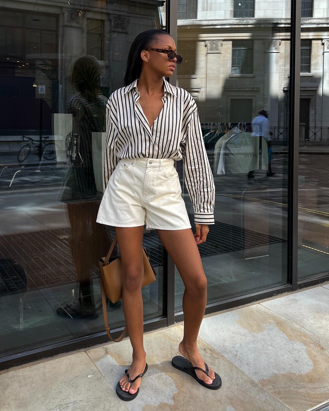 Oversized striped shirt with denim shorts Oversized striped shirt with denim shorts — Striped Top Outfit