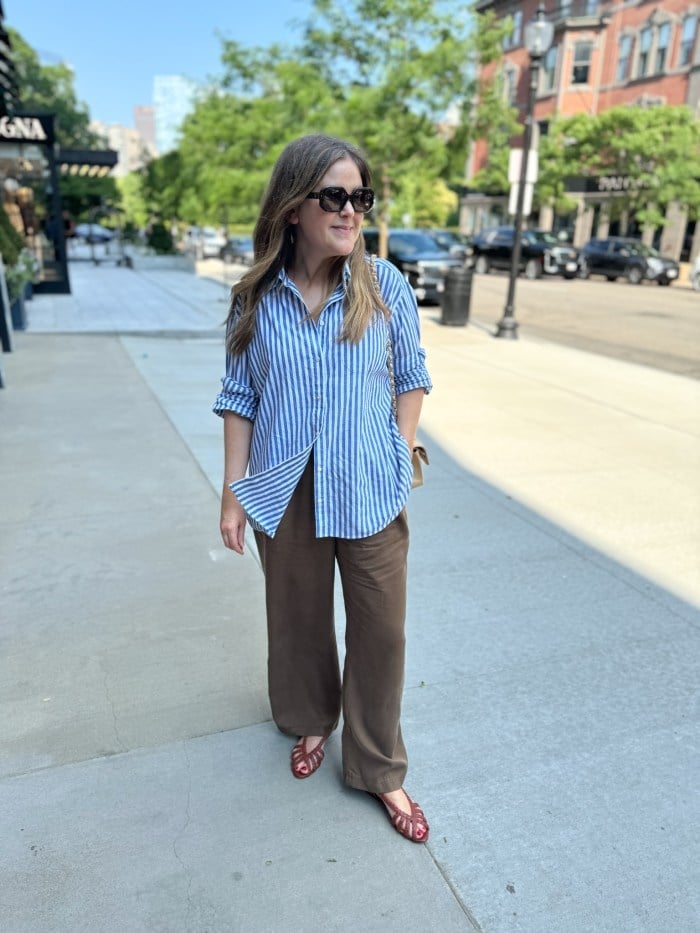 Blue striped shirt with brown wide leg trousers Blue striped shirt with brown wide leg trousers — Striped Top Outfit