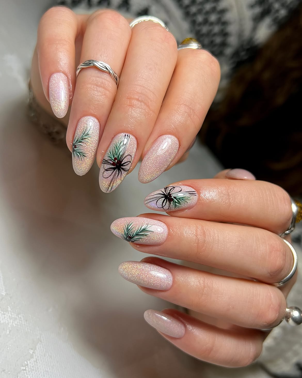 Subtle Glittery Pink Pine Branch Christmas Nails