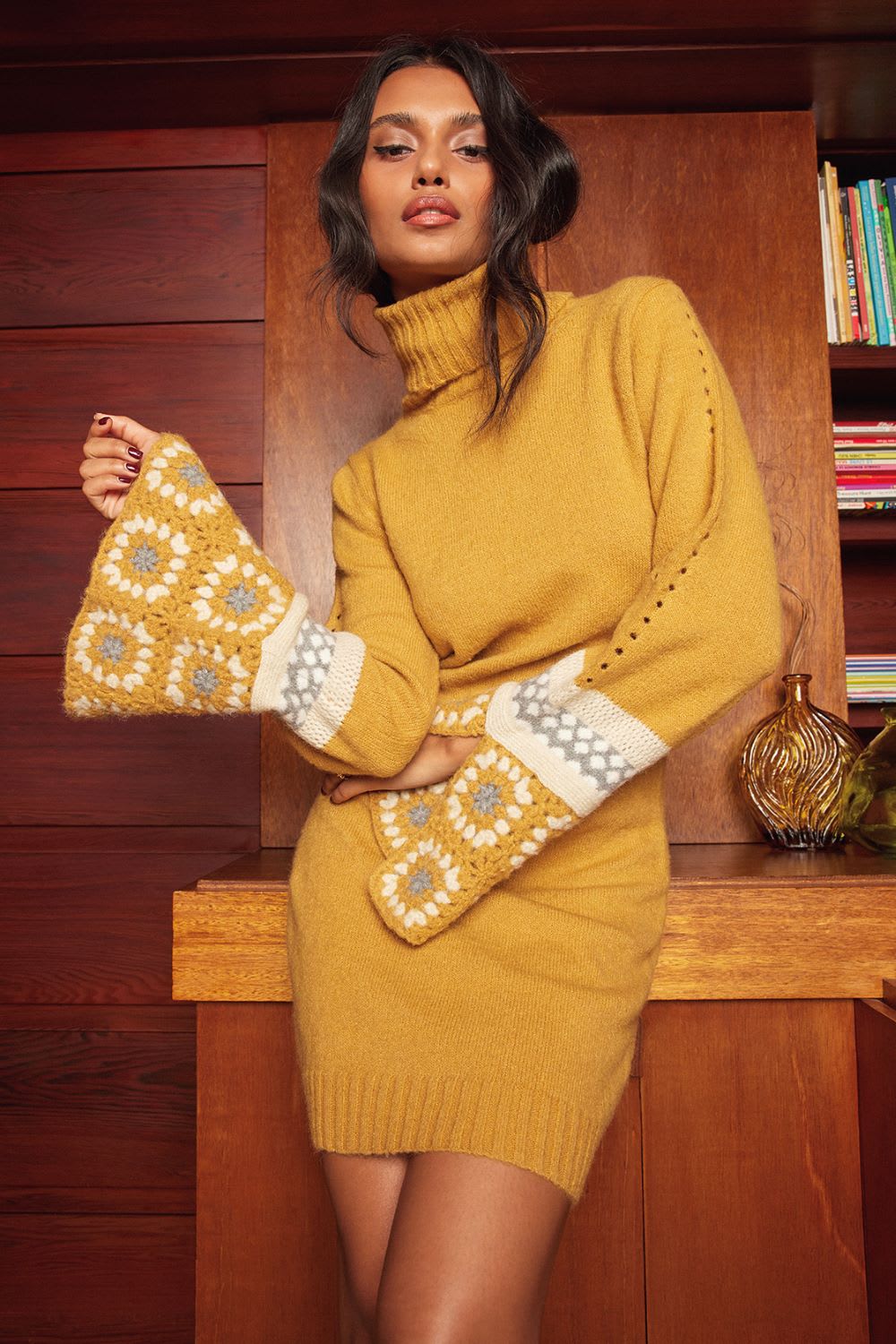 Mustard yellow knit dress with bell sleeves Mustard yellow knit dress with bell sleeves — Sweater Outfits for Women