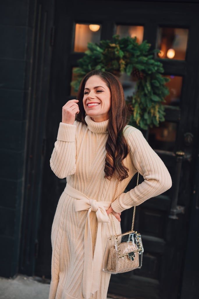 Cream cable knit sweater dress with fabric belt Cream cable knit sweater dress with fabric belt — Sweater Outfits for Women