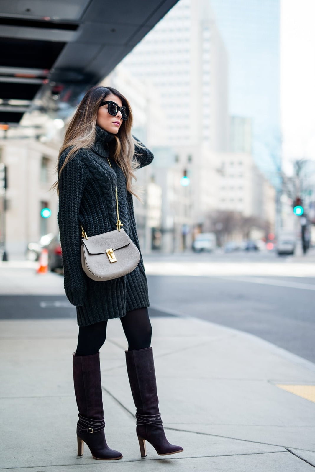 Dark gray chunky cable knit sweater dress with slouch boots Dark gray chunky cable knit sweater dress with slouch boots — Sweater Outfits for Women