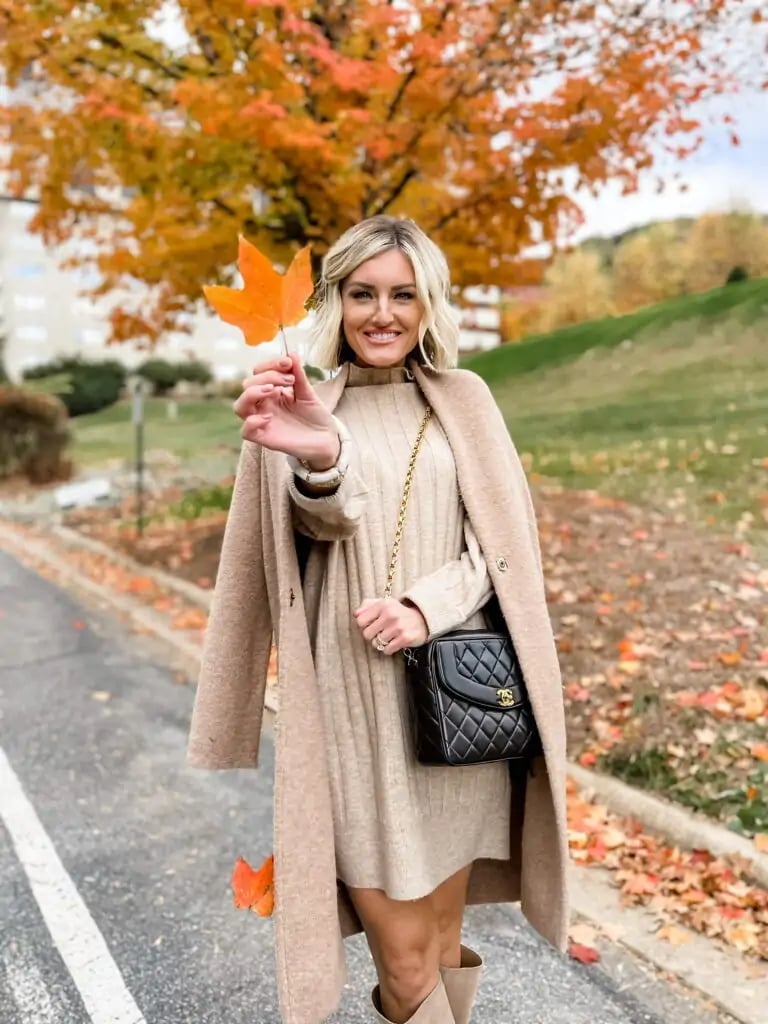 Beige knit sweater dress under longline coat Beige knit sweater dress under longline coat — Sweater Outfits for Women