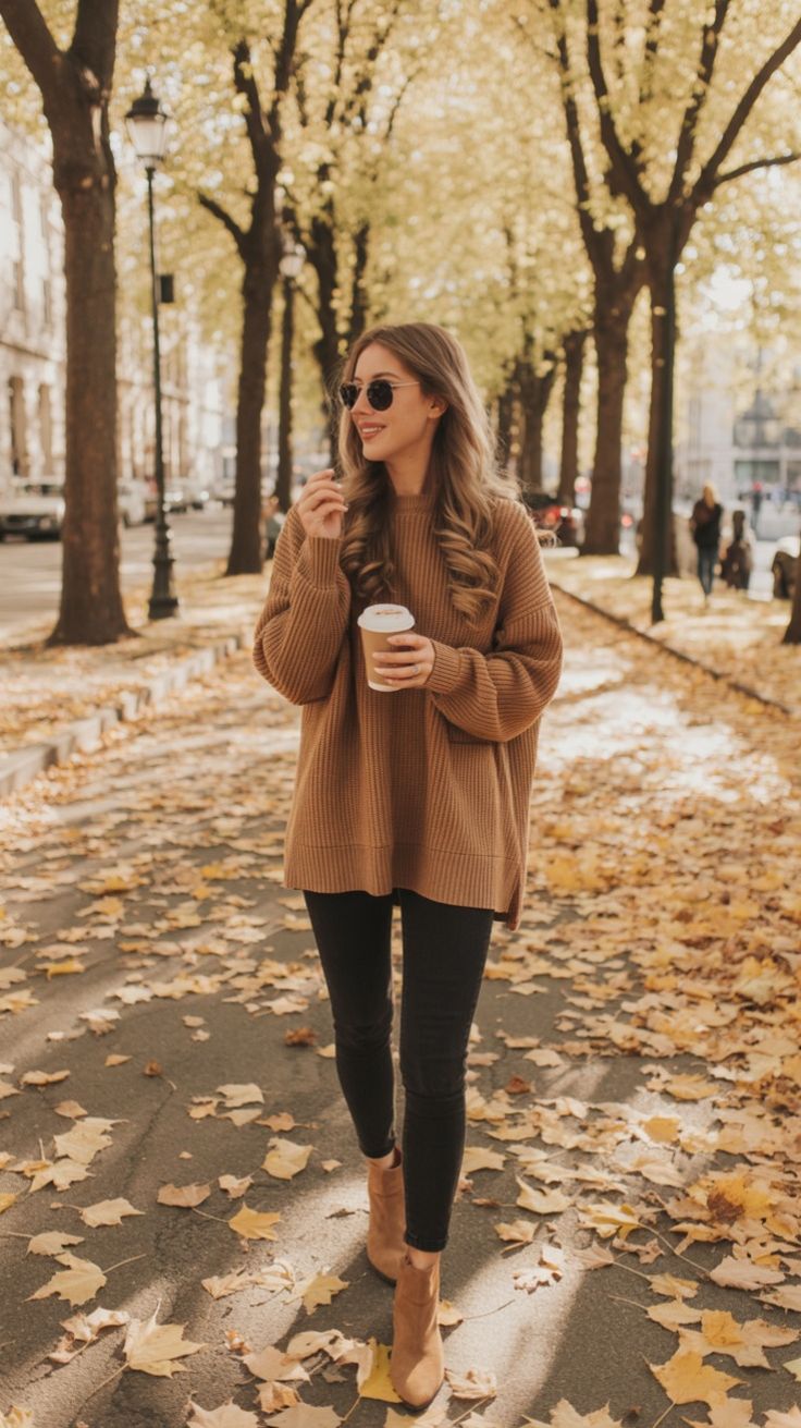 Oversized brown chunky knit sweater with skinny pants Oversized brown chunky knit sweater with skinny pants — Sweater Outfits for Women