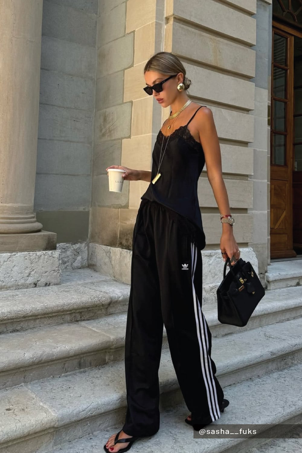 Black track sweatpants with lace camisole Black track sweatpants with lace camisole — Sweatpants Outfits