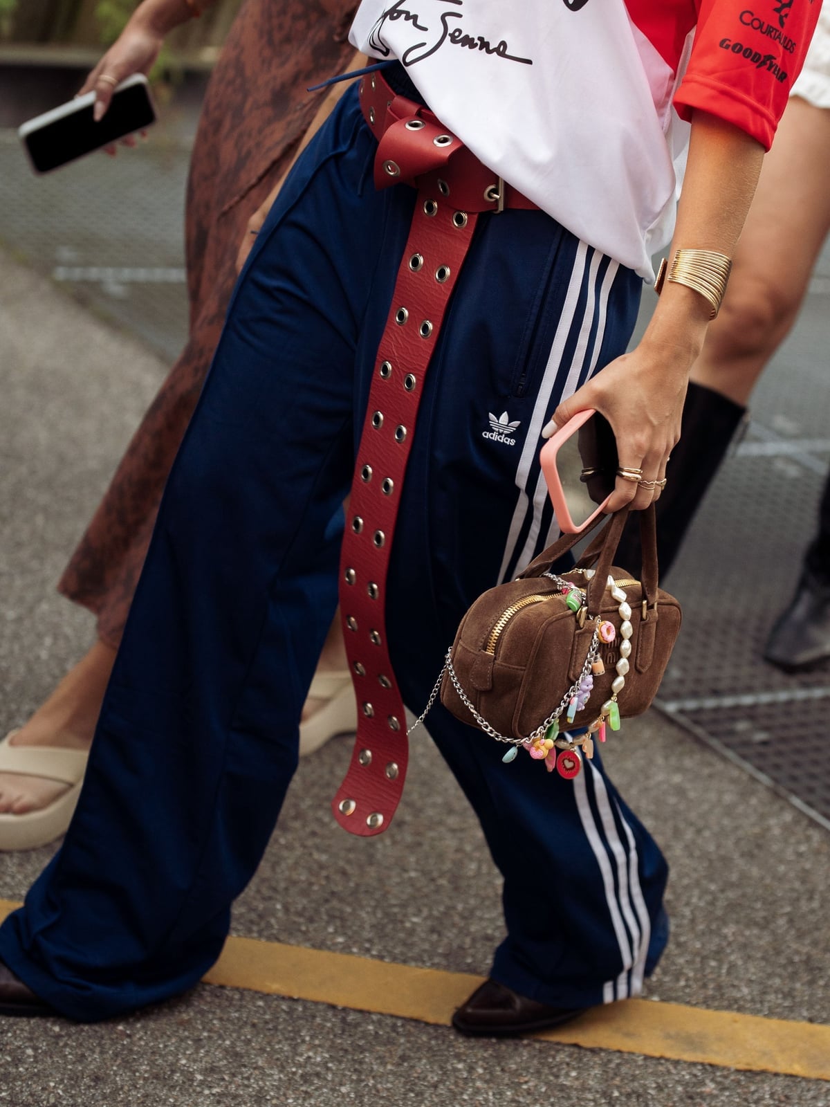 Navy track pants with red belt and loafers, Close-Up Take Navy track pants with red belt and loafers, Close-Up Take — Sweatpants Outfits