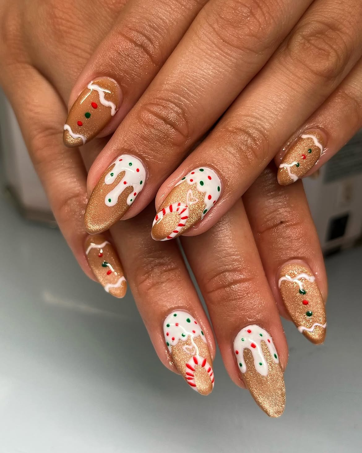 Sweet Gingerbread Man and Candy Cane Christmas Nails