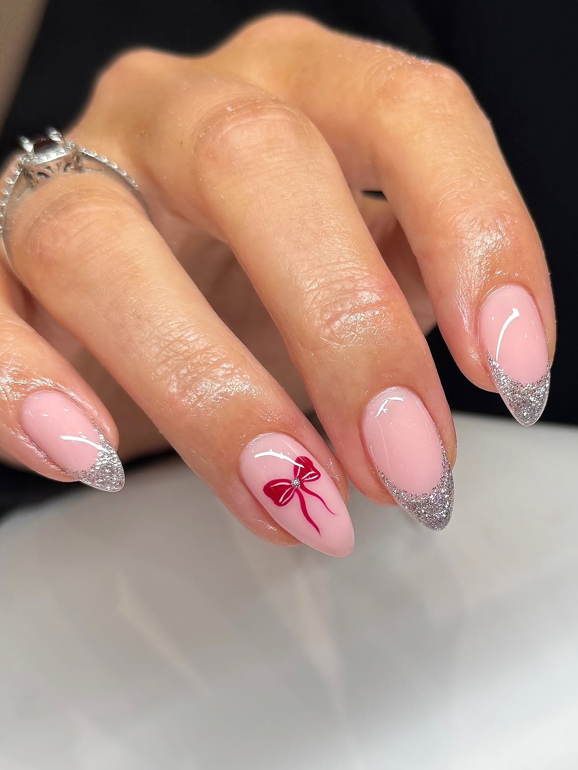 Sweet Red Bow French Tip Almond Nails
