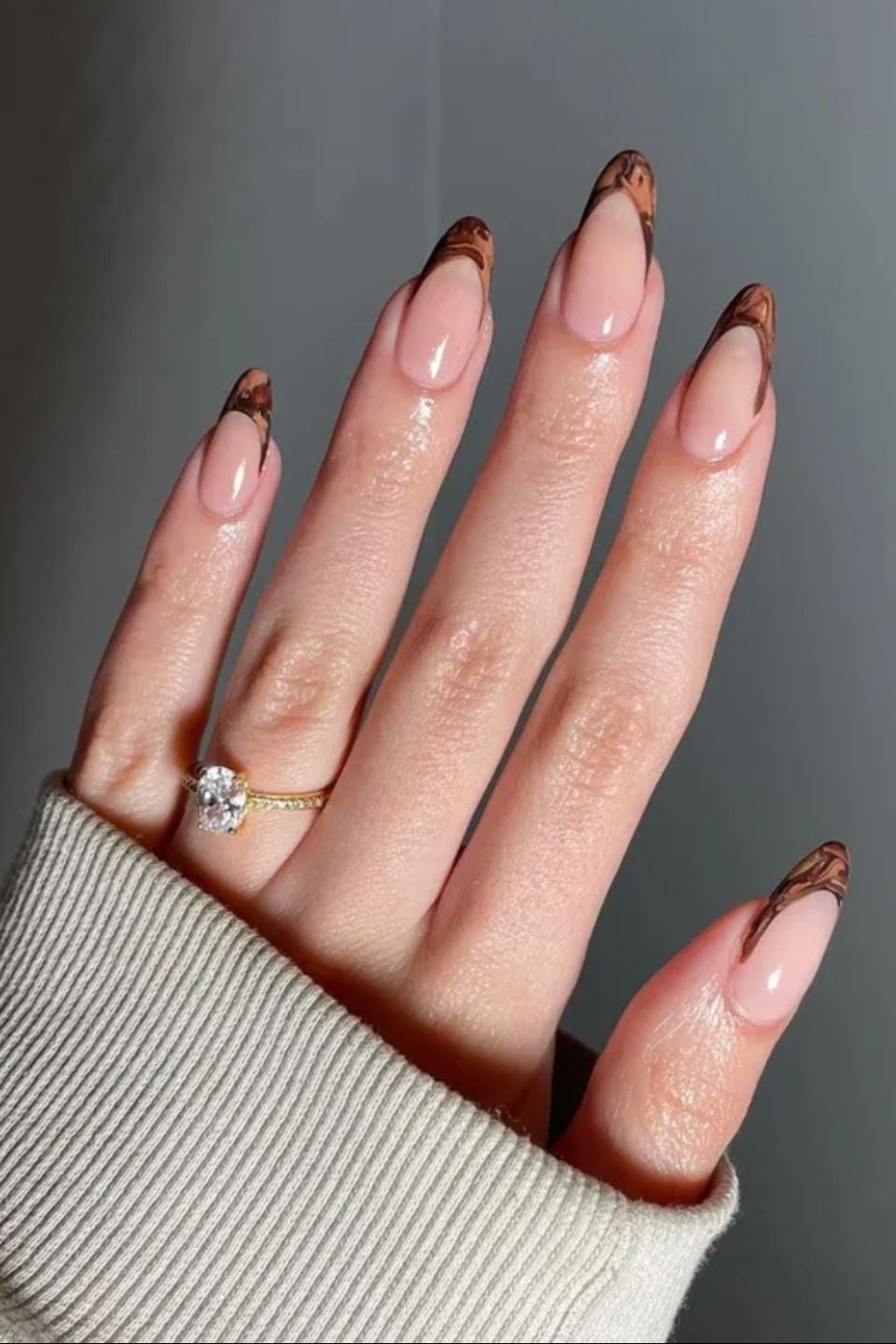 Sheer Nude with Abstract Brown French Tips Sheer Nude with Abstract Brown French Tips — Tan Nails