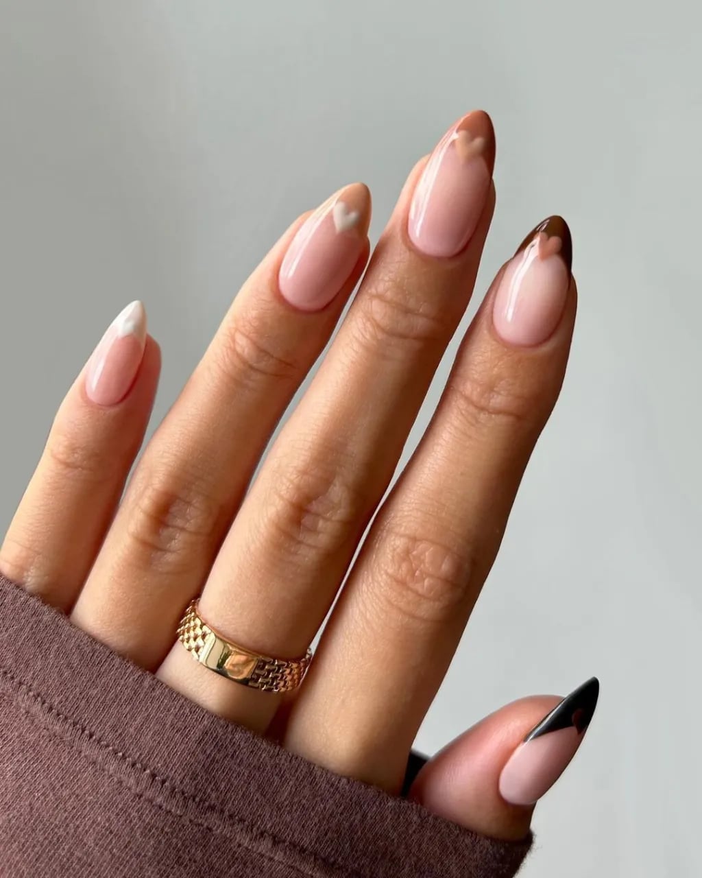 Nude with Brown White French Tips and Hearts Nude with Brown White French Tips and Hearts — Tan Nails