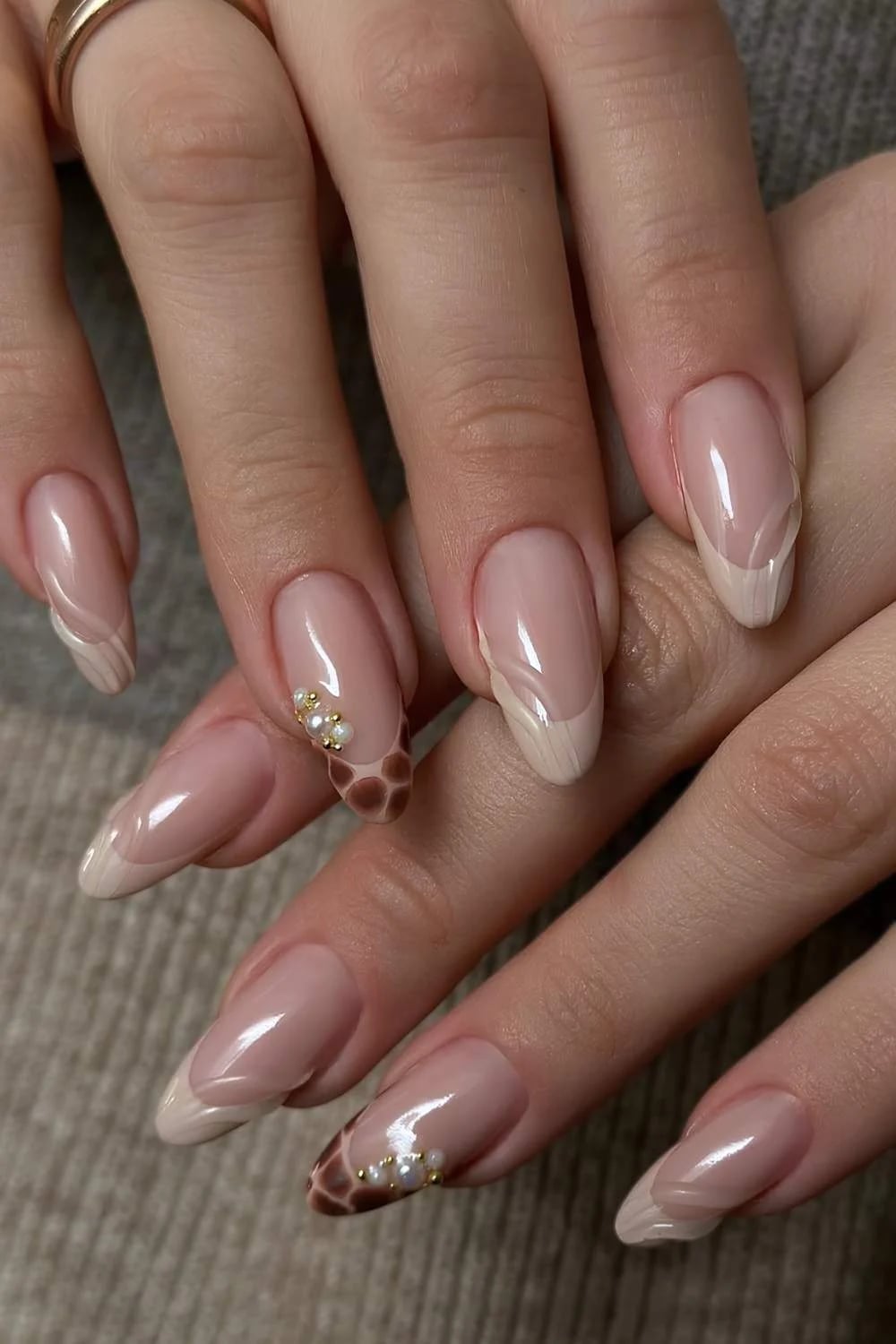 Nude with Beige French and Reptile Print Nude with Beige French and Reptile Print — Tan Nails
