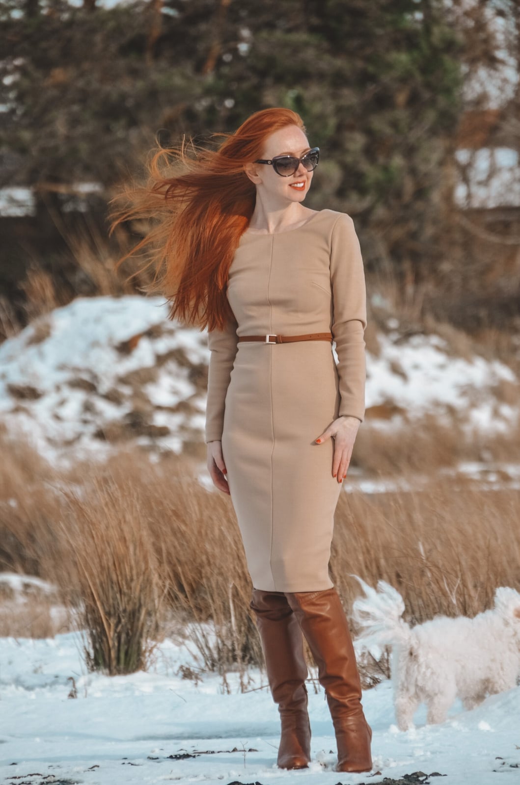 Fitted Tan Sheath Dress With Brown Boots Fitted Tan Sheath Dress With Brown Boots — Tan Outfits