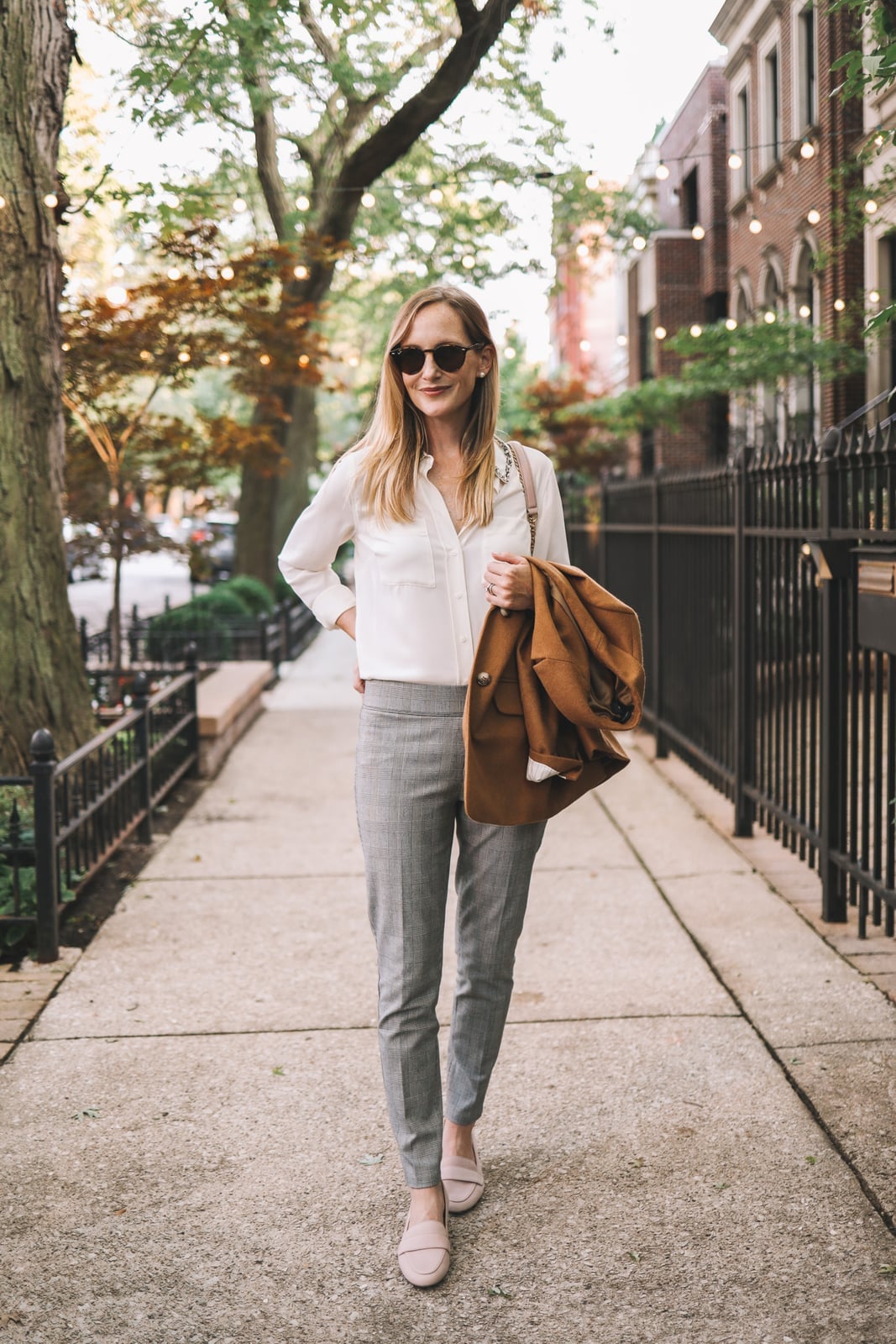 Tan Blazer Draped Over Plaid Trousers And White Shirt Tan Blazer Draped Over Plaid Trousers And White Shirt — Tan Outfits
