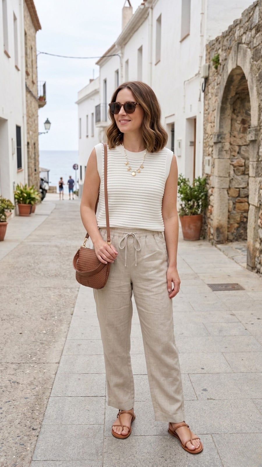 Tan Linen Trousers With Off-White Knit Top Tan Linen Trousers With Off-White Knit Top — Tan Outfits