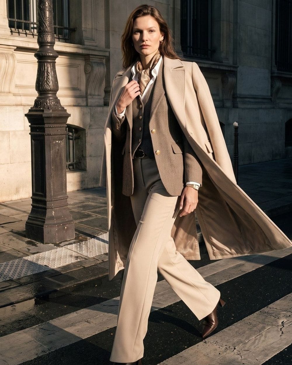 Beige Trench Coat Over Tweed Vest And Trousers Beige Trench Coat Over Tweed Vest And Trousers — Tan Outfits