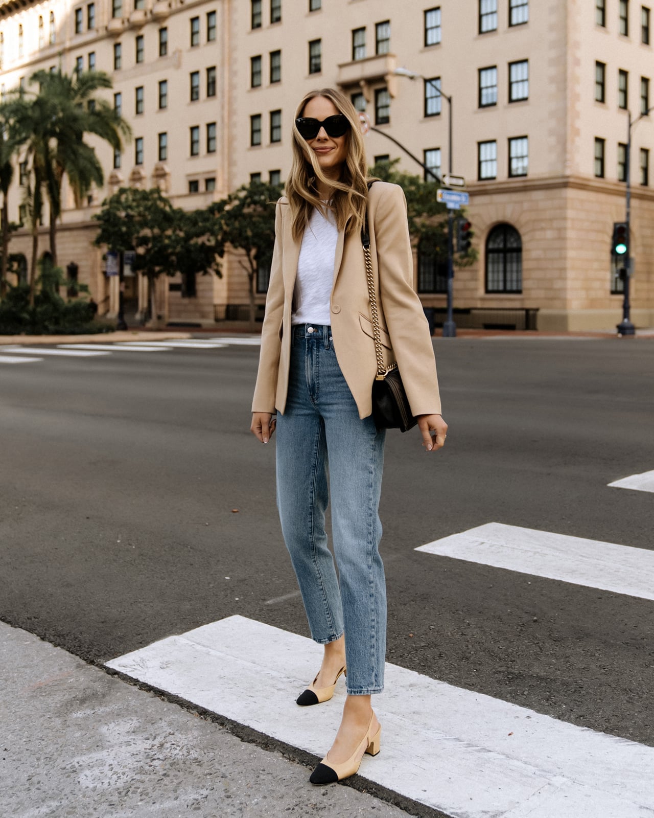 Tan Blazer With White Tee And Blue Jeans, Two-Tone Slingbacks Tan Blazer With White Tee And Blue Jeans, Two-Tone Slingbacks — Tan Outfits