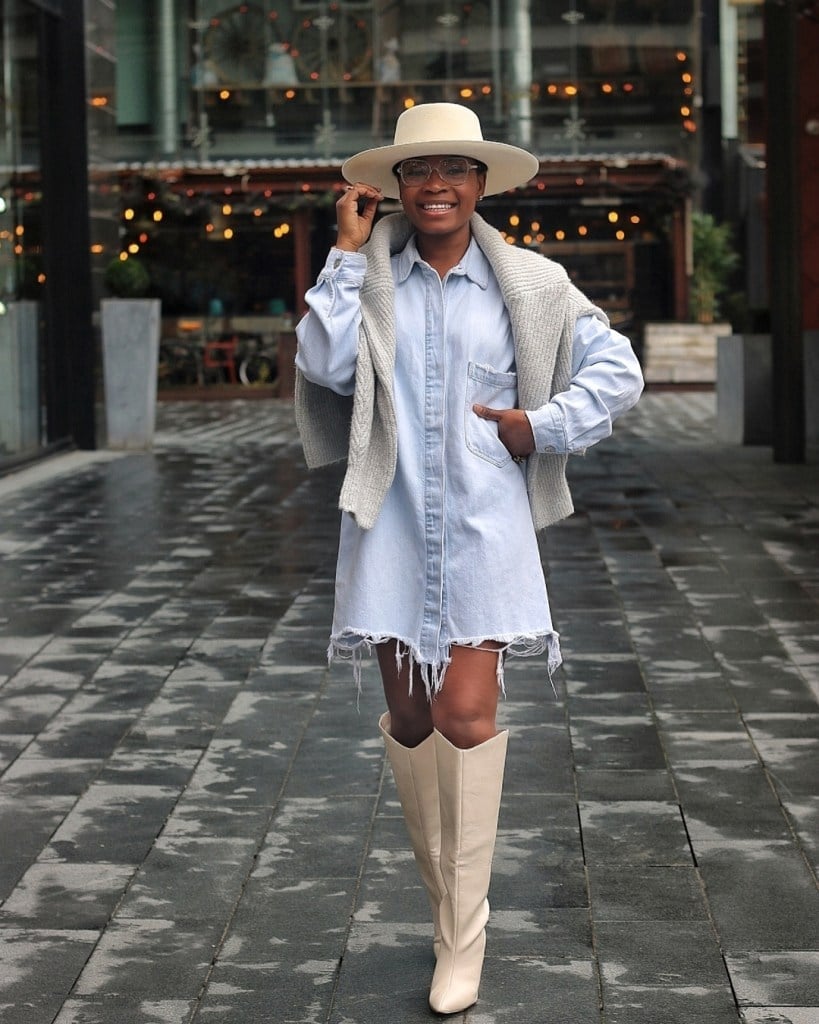 Denim Shirt Dress With Gray Cardigan Denim Shirt Dress With Gray Cardigan — Tan Outfits