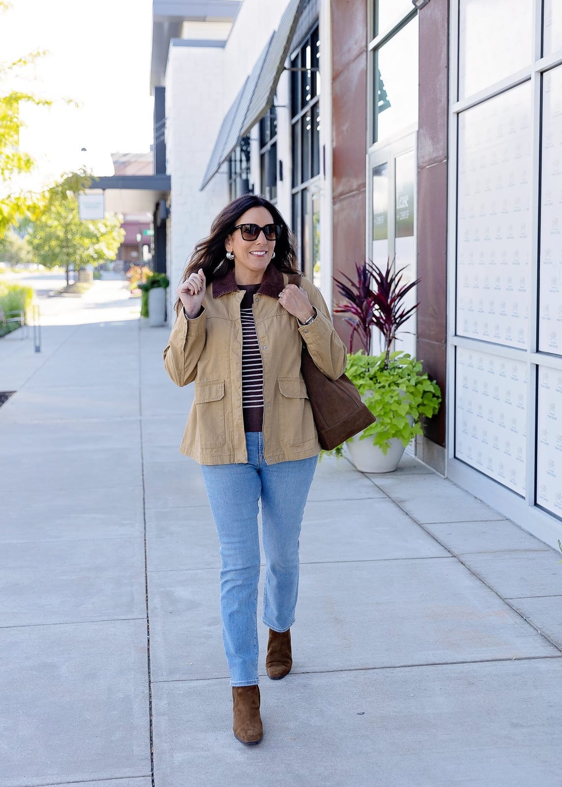 Tan Utility Jacket With Striped Top And Jeans Tan Utility Jacket With Striped Top And Jeans — Tan Outfits