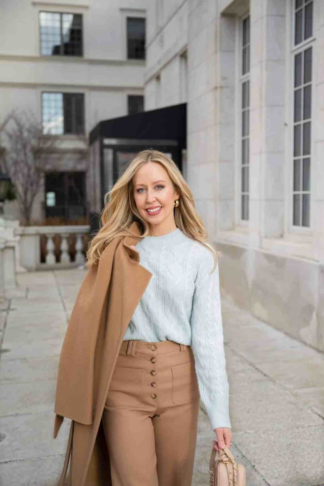 Tan Coat Draped Over Wide-Leg Pants And Sweater Tan Coat Draped Over Wide-Leg Pants And Sweater — Tan Outfits