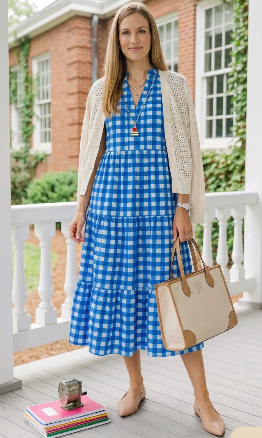 Gingham dress layered with a cardigan for casual days Gingham dress layered with a cardigan for casual days — Teacher Outfits