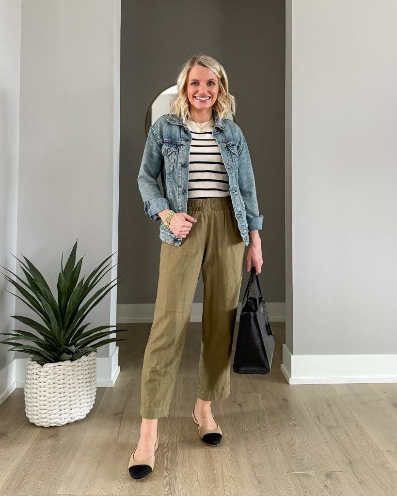 Linen trousers and denim jacket for casual work Linen trousers and denim jacket for casual work — Teacher Outfits