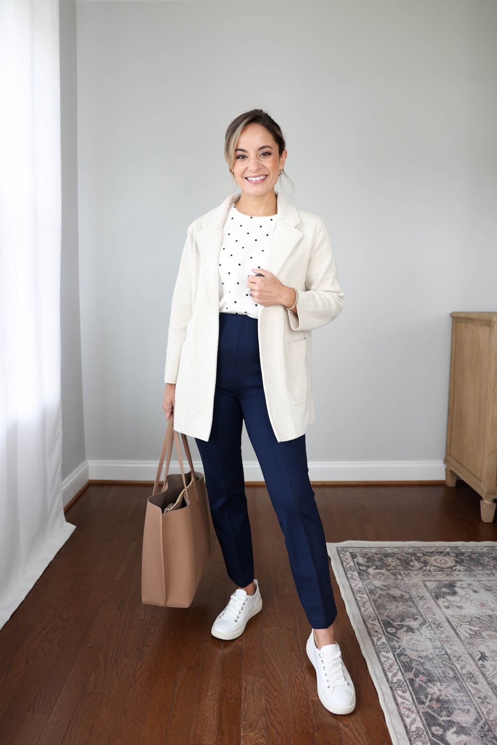 Textured blazer elevates trousers and sneakers Textured blazer elevates trousers and sneakers — Teacher Outfits